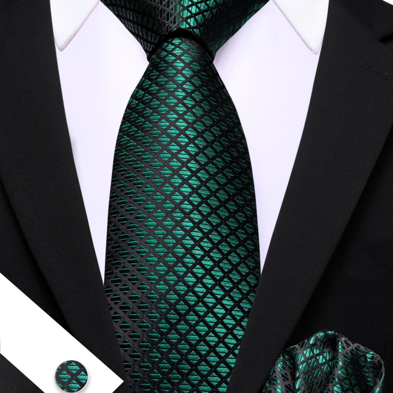  Plaid Tie Green Black Checkered Necktie and Cufflink Set