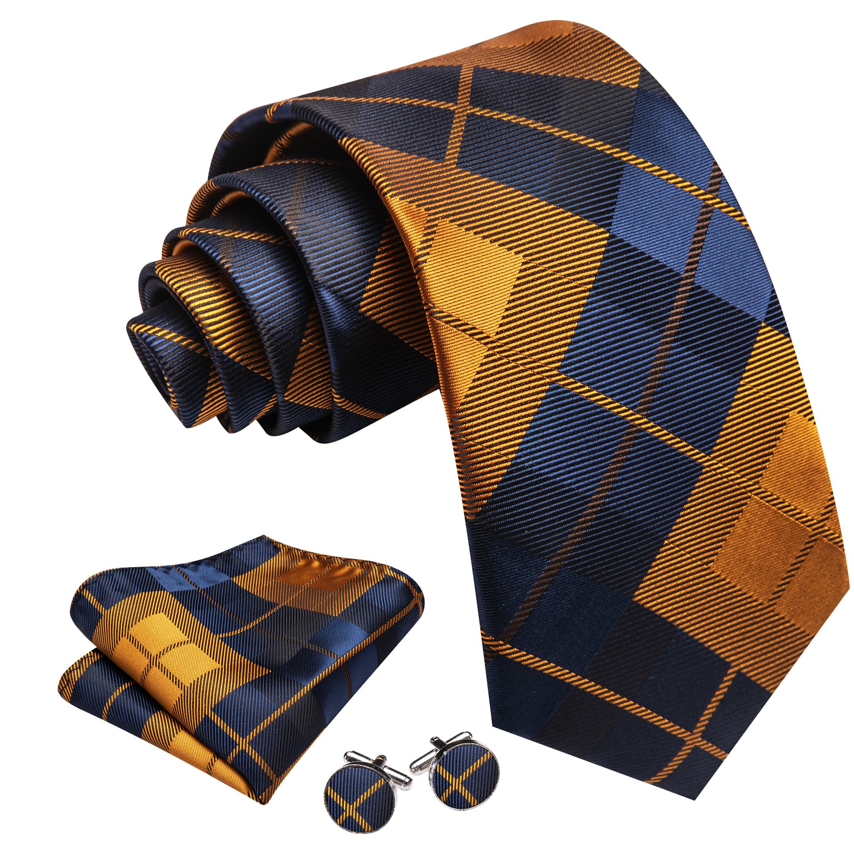  Plaid Tie Blue Golden Checkered Necktie and Cufflink Set