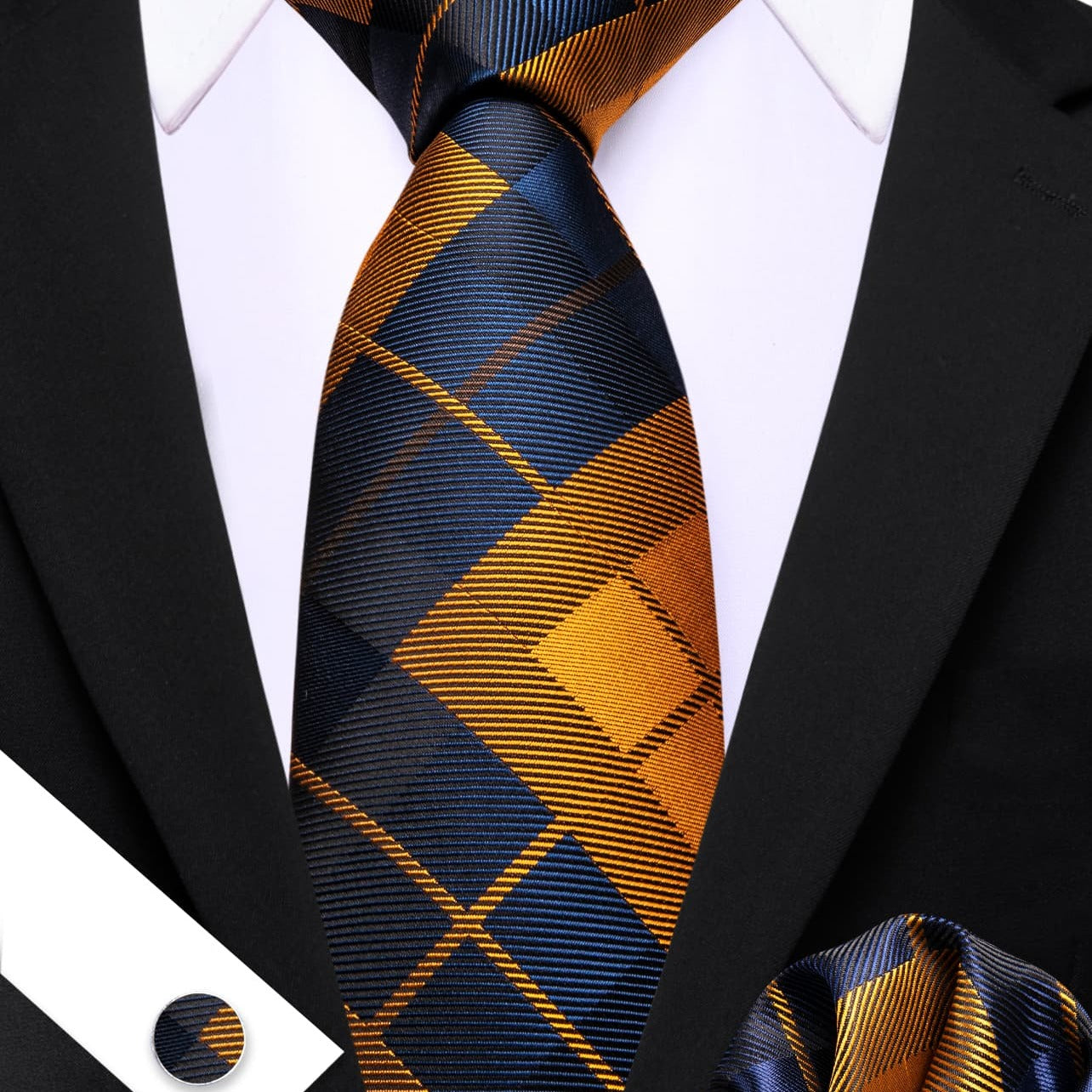  Plaid Tie Blue Golden Checkered Necktie and Cufflink Set
