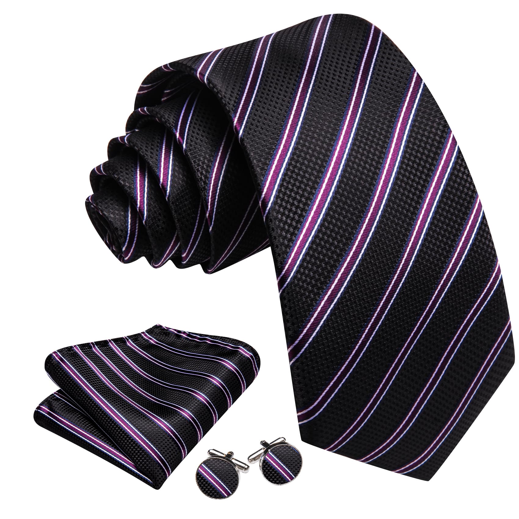  Black Striped Tie with White Purple Stripes Men's Necktie Set