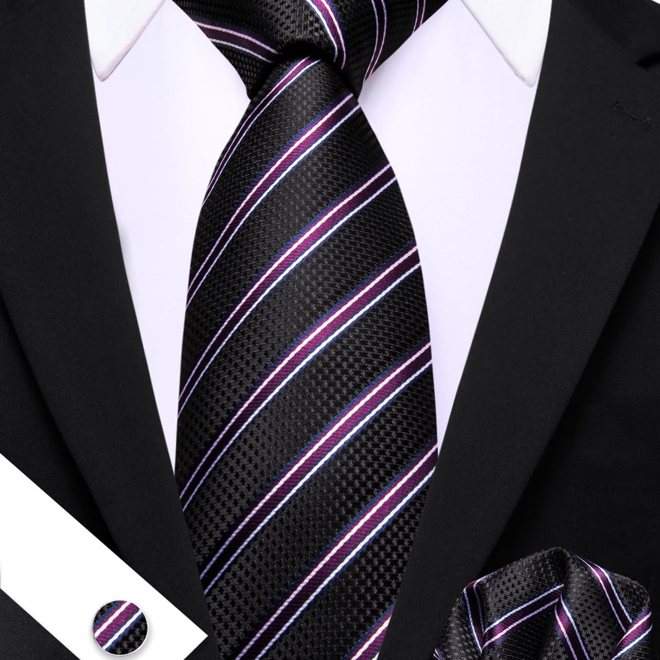  Black Striped Tie with White Purple Stripes Men's Necktie Set