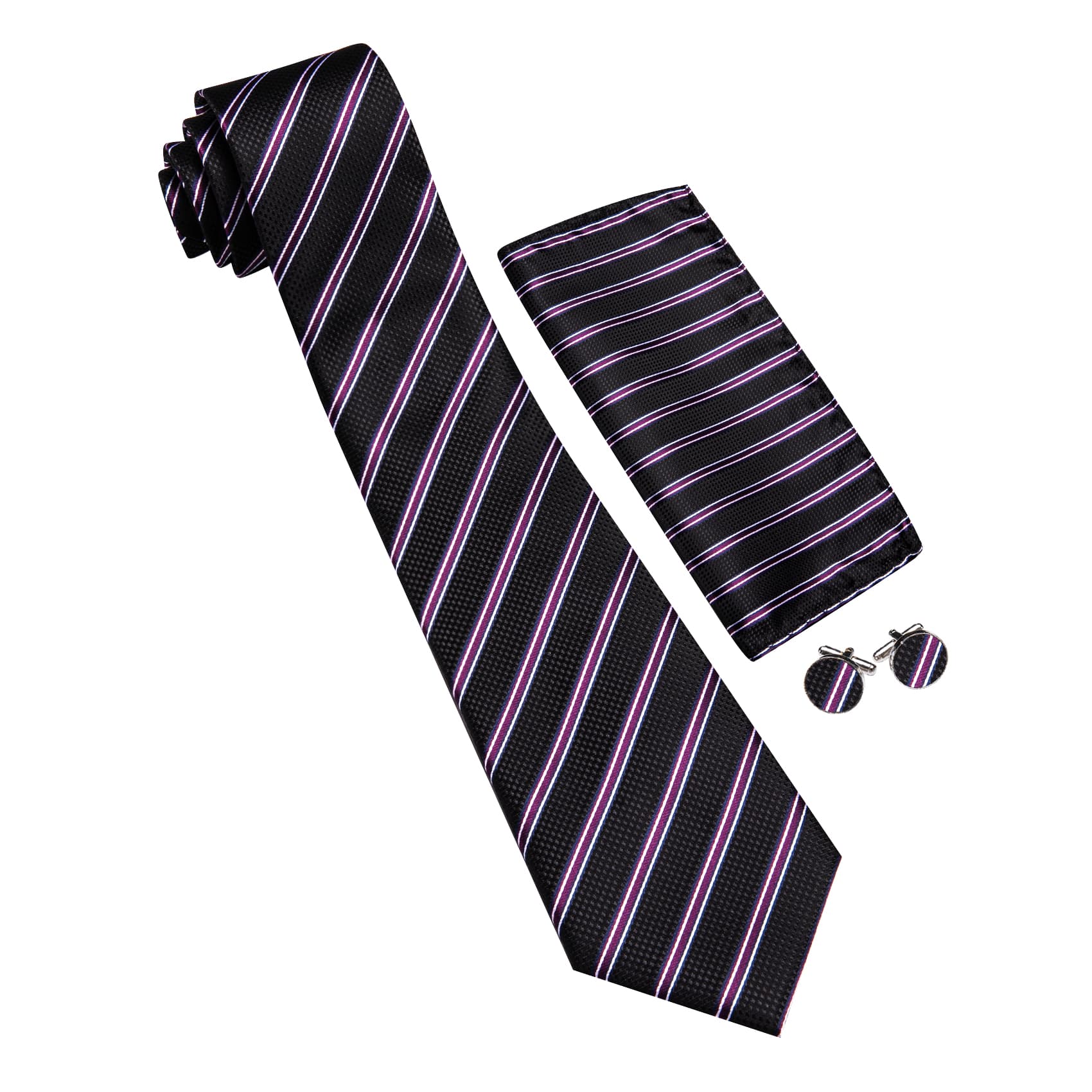  Black Striped Tie with White Purple Stripes Men's Necktie Set