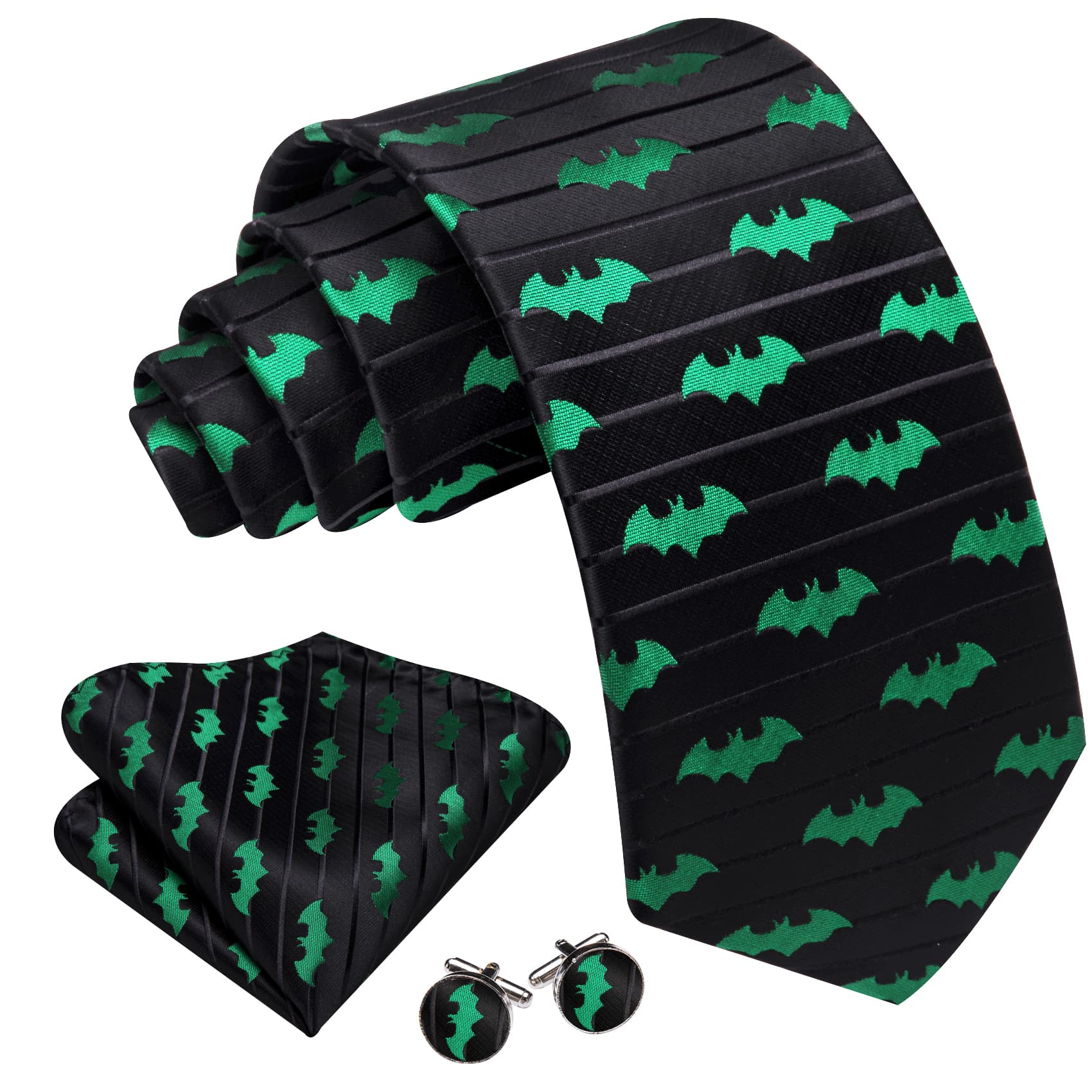  Tie Jacquard Green Bat Black Novelty Necktie Hanky Cufflinks Set