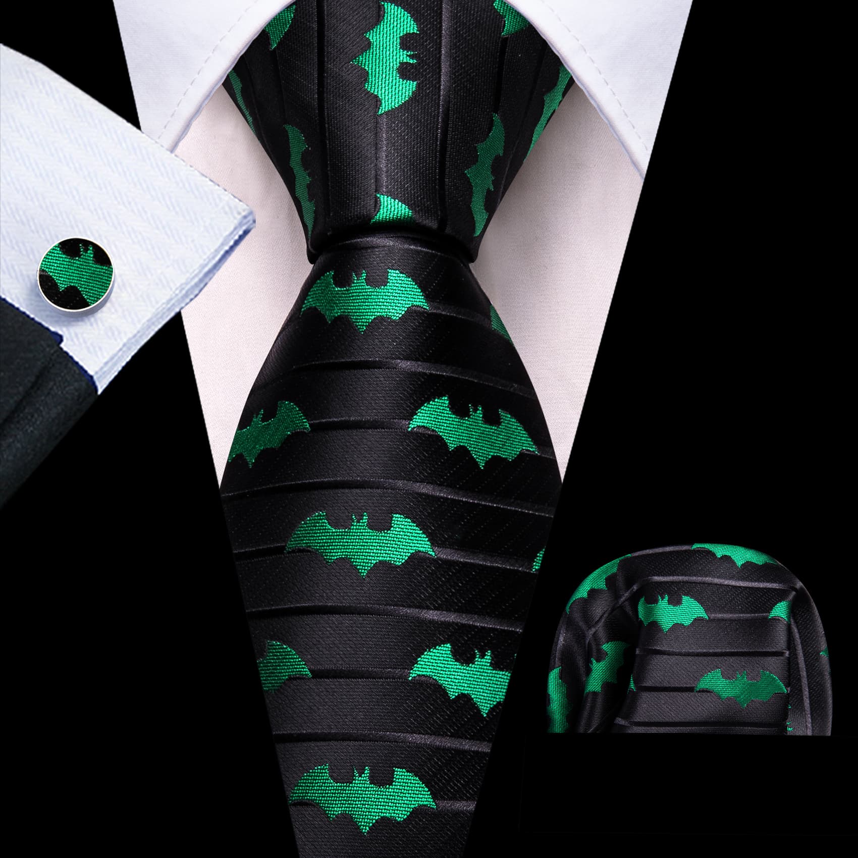  Tie Jacquard Green Bat Black Novelty Necktie Hanky Cufflinks Set