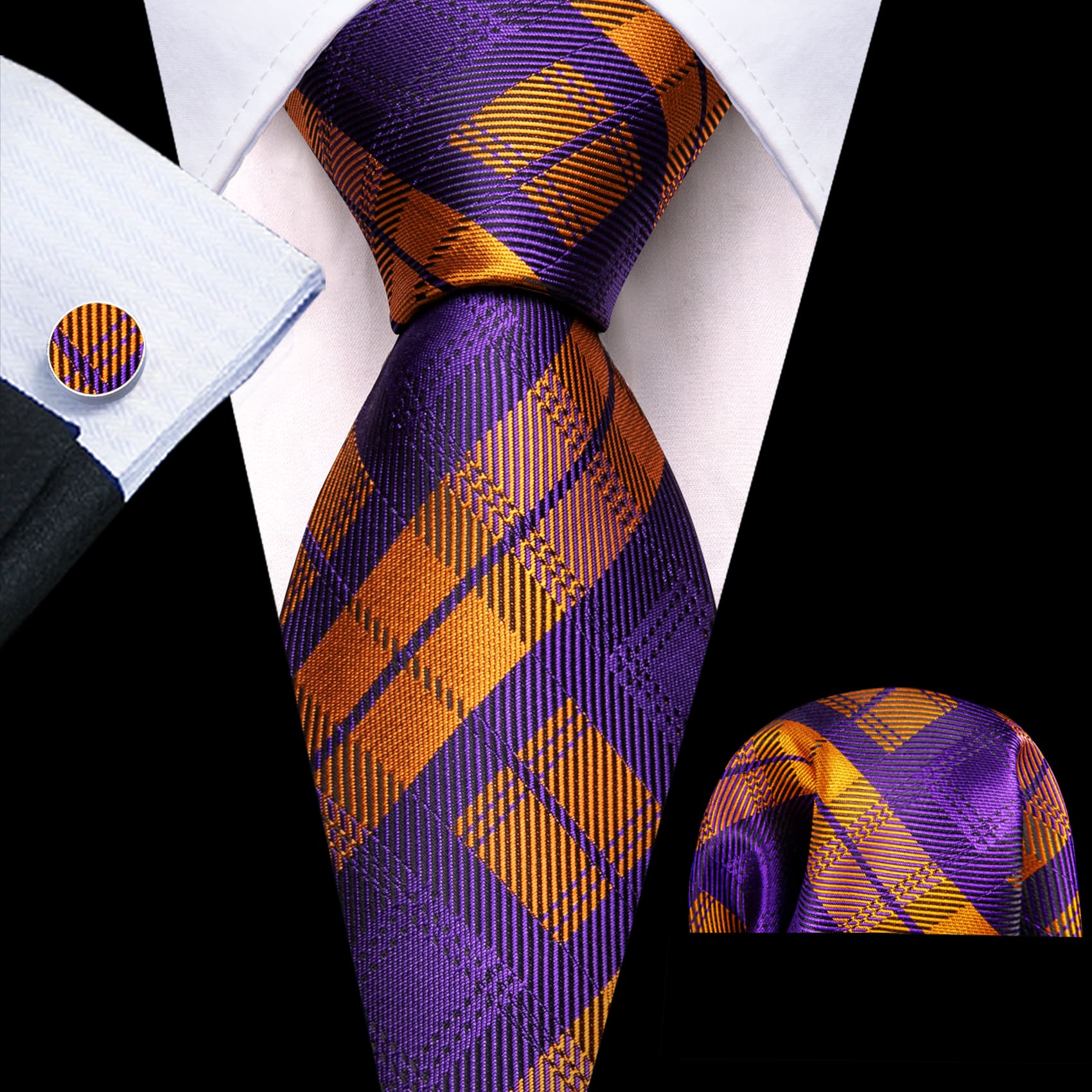 Tie Plaid Purple Orange Novelty Necktie Hanky Cufflinks Set