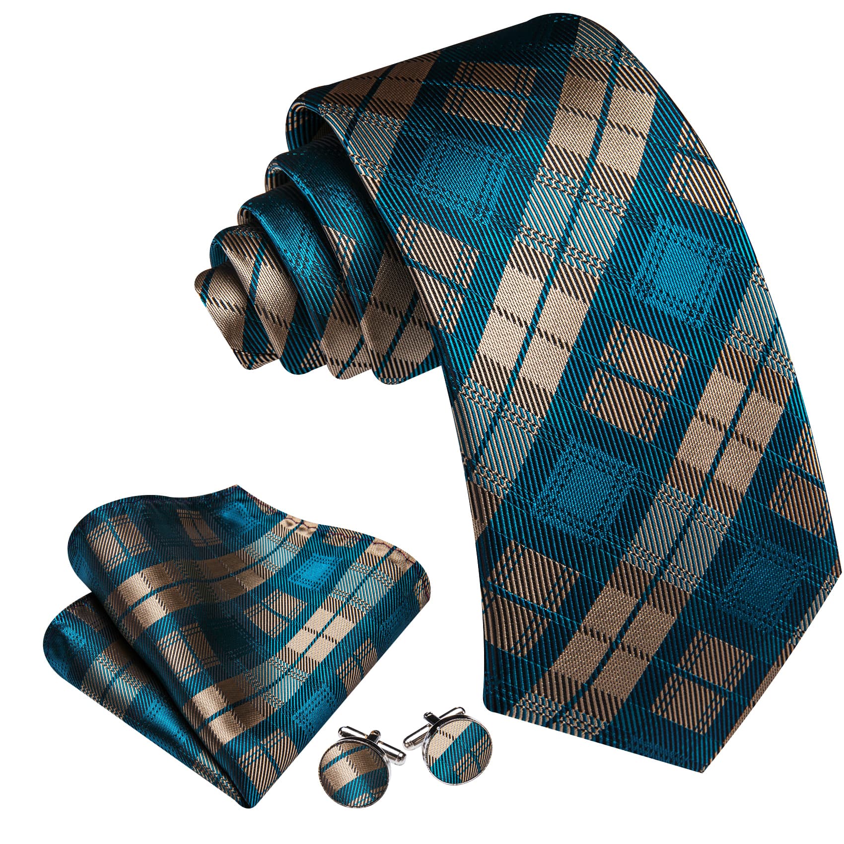  Tie Plaid Beige Teal Blue Checkered Necktie Hanky Cufflinks Set