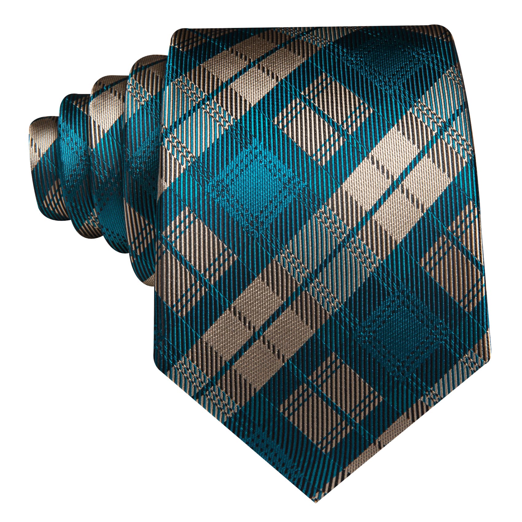  Tie Plaid Beige Teal Blue Checkered Necktie Hanky Cufflinks Set