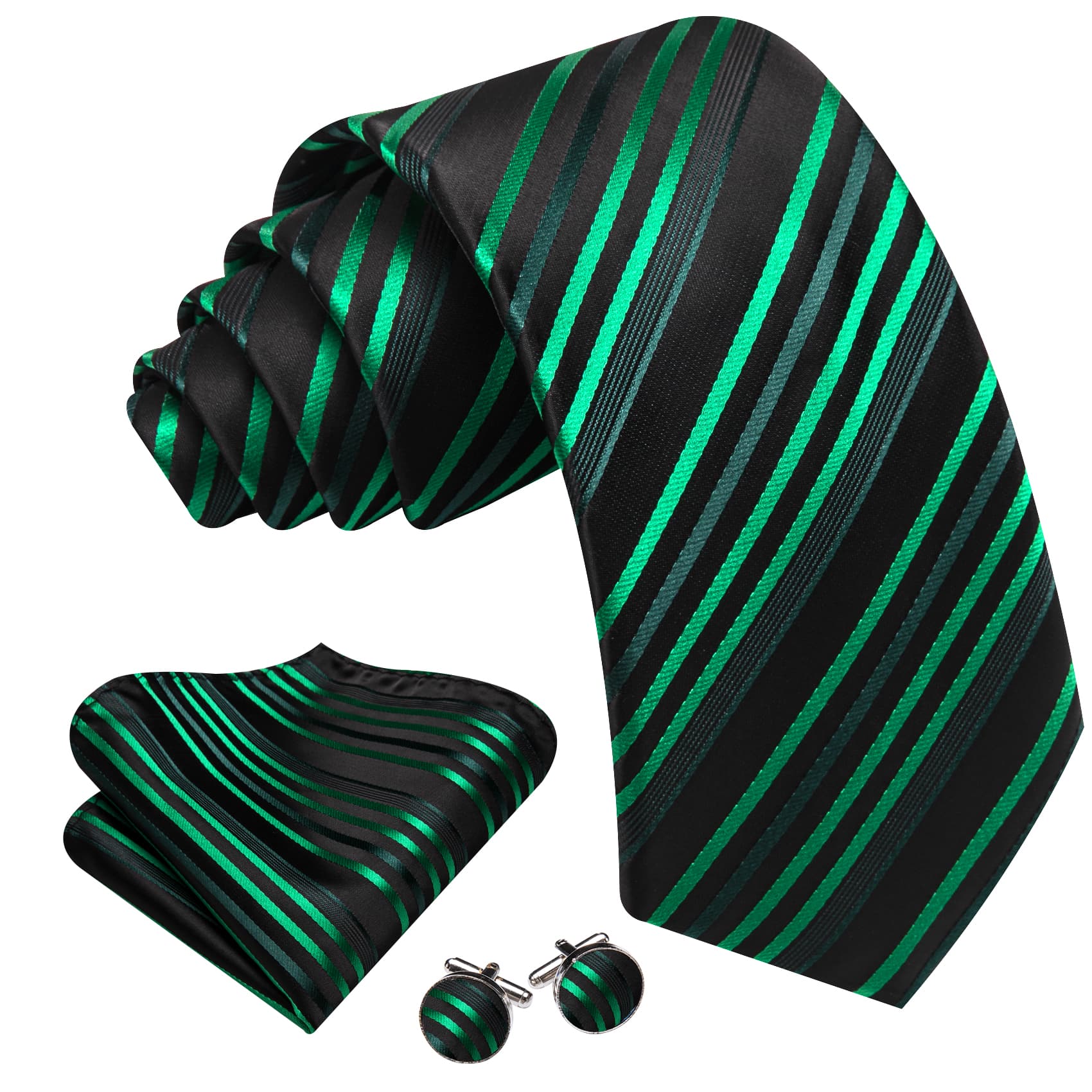 Striped Black Green Necktie Hanky Cufflinks Set