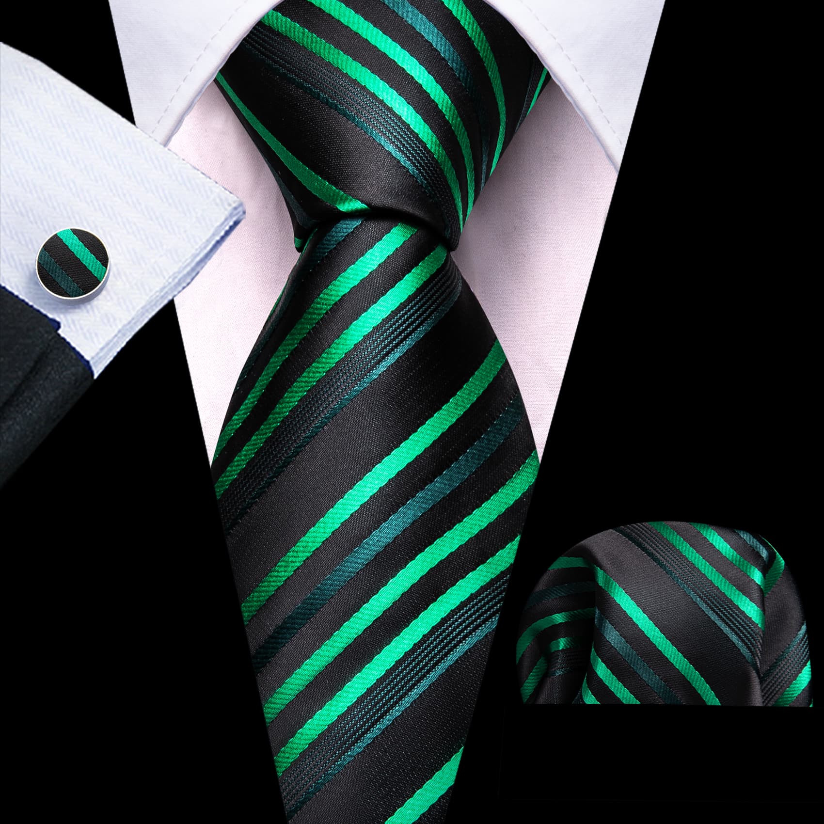 Striped Black Green Necktie Hanky Cufflinks Set