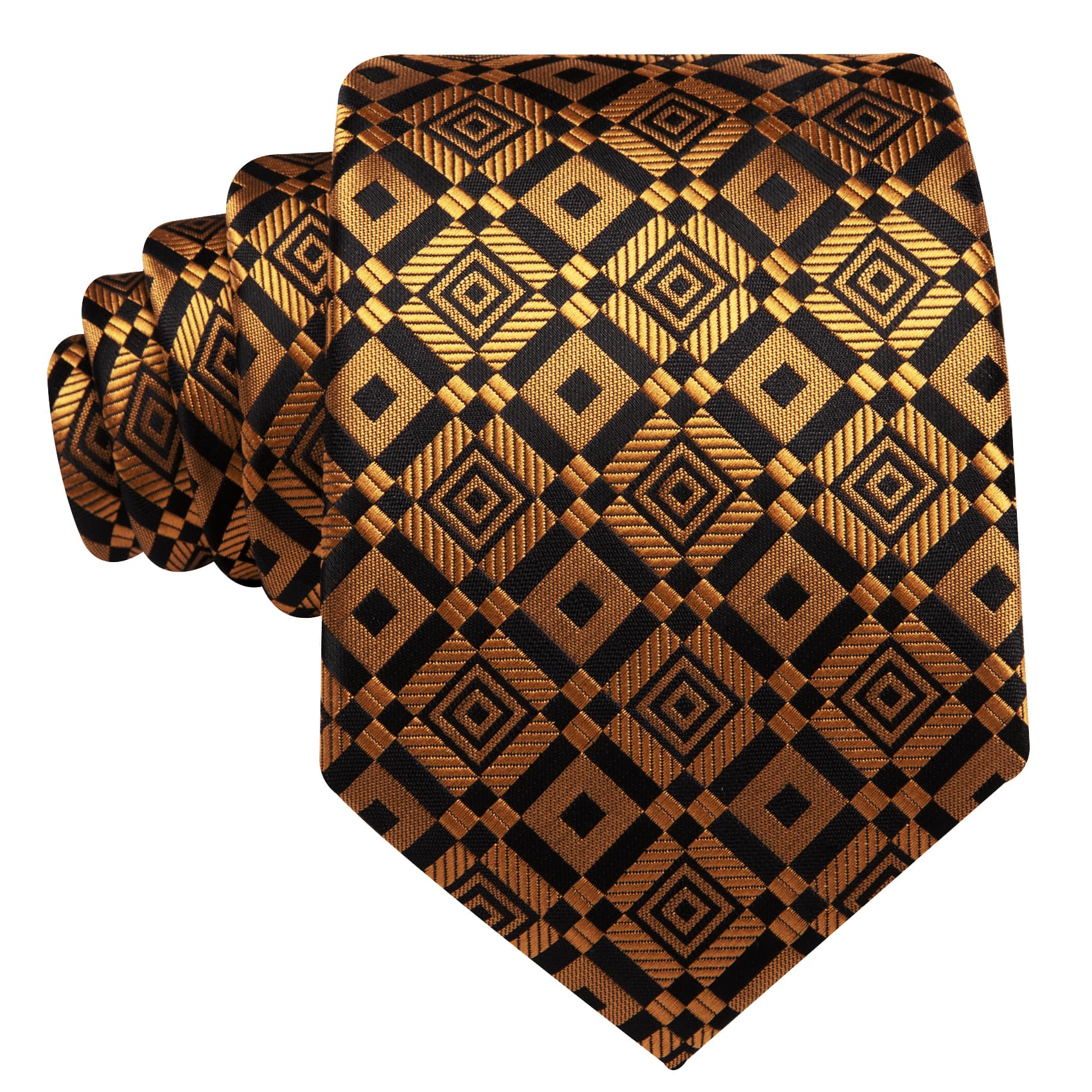  Tie Golden Black Square Pattern Necktie Hanky Cufflinks Set