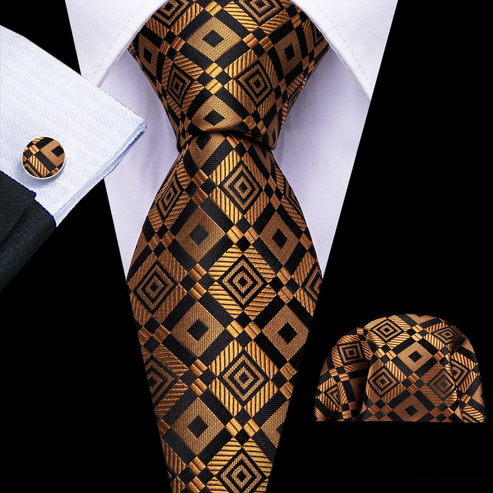  Tie Golden Black Square Pattern Necktie Hanky Cufflinks Set