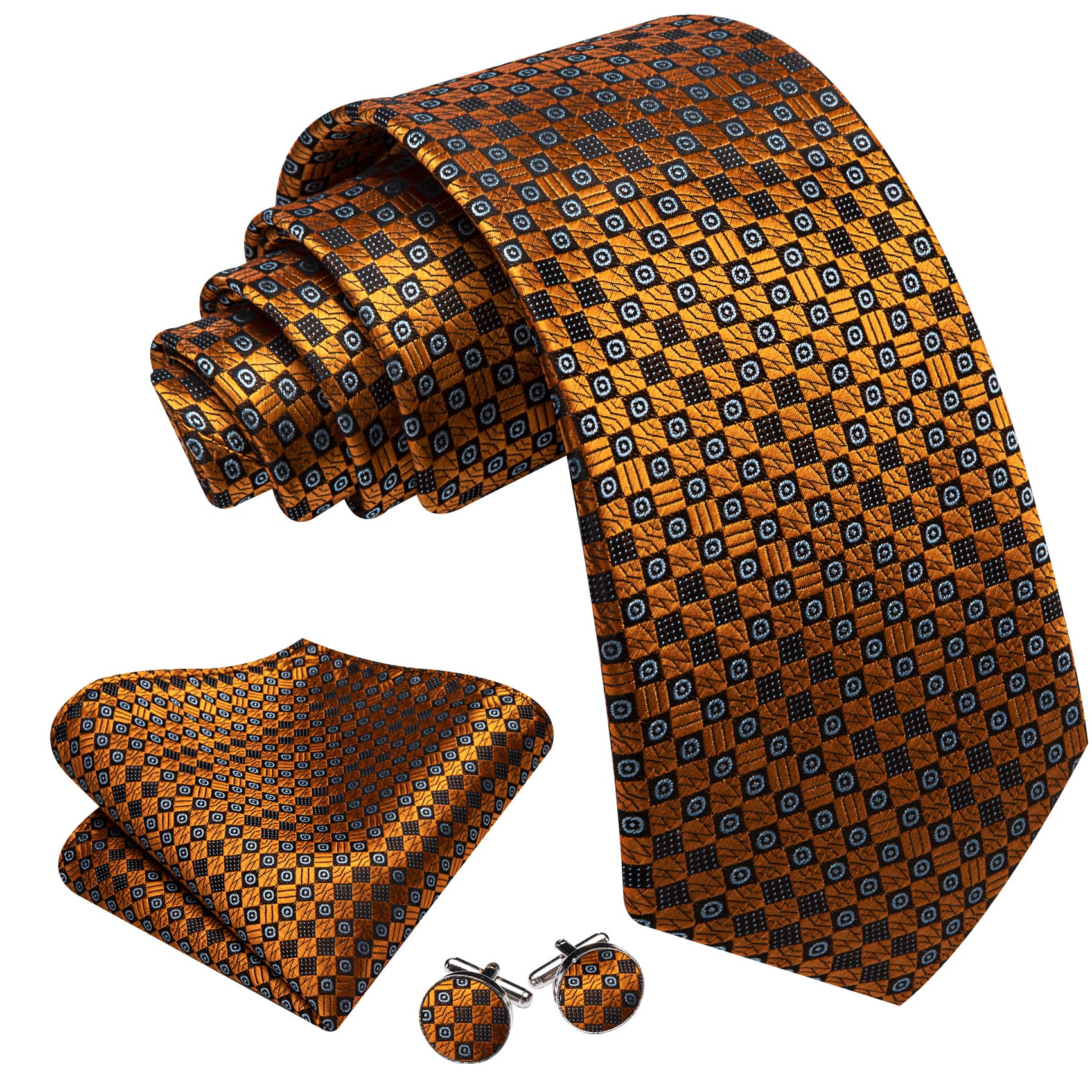 Tie Golden Black Novelty Necktie Hanky Cufflinks Set