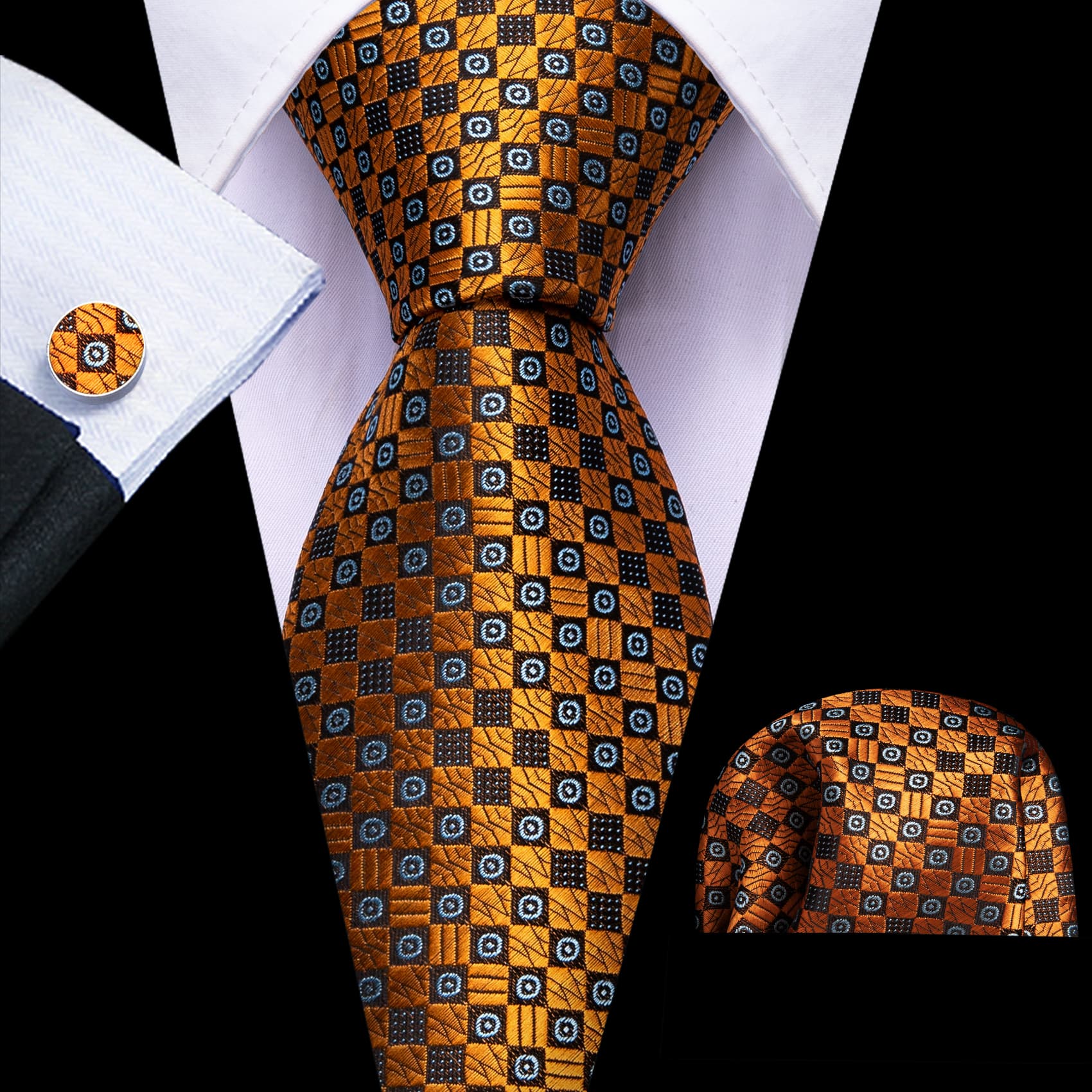 Tie Golden Black Novelty Necktie Hanky Cufflinks Set