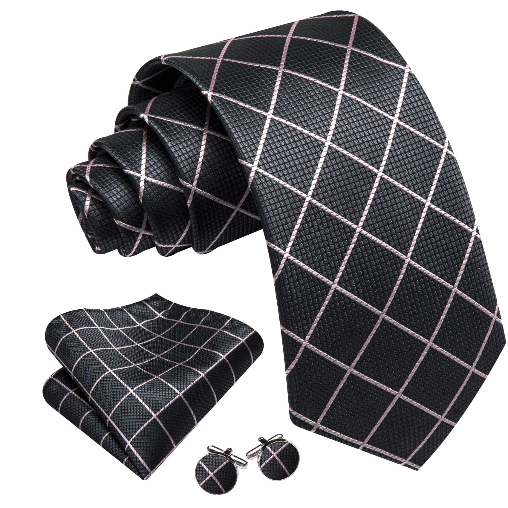  Tie Gray White Lines Checkered Necktie Hanky Cufflinks Set