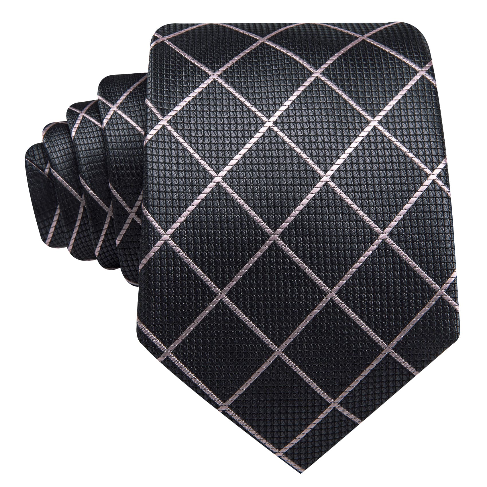  Tie Gray White Lines Checkered Necktie Hanky Cufflinks Set