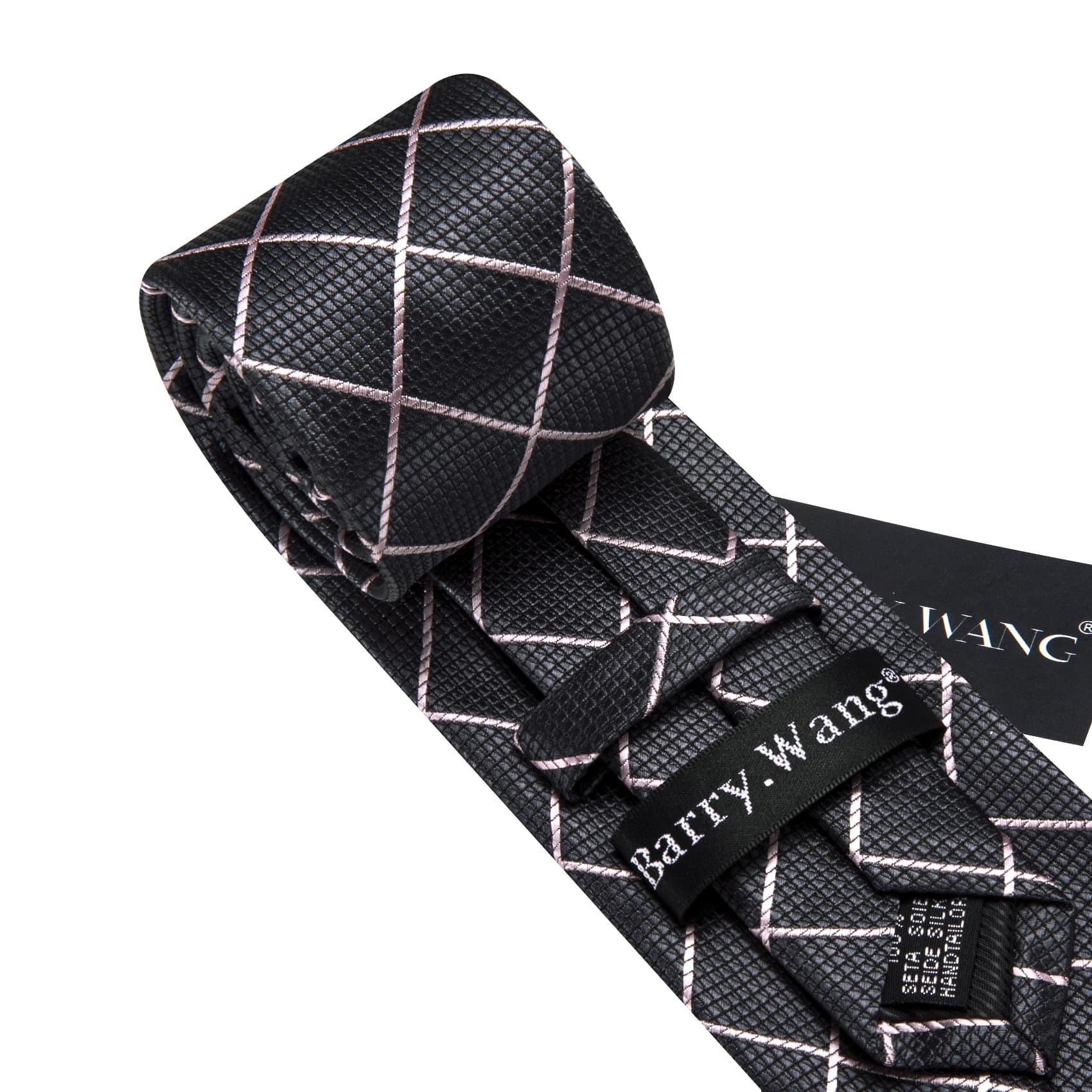  Tie Gray White Lines Checkered Necktie Hanky Cufflinks Set