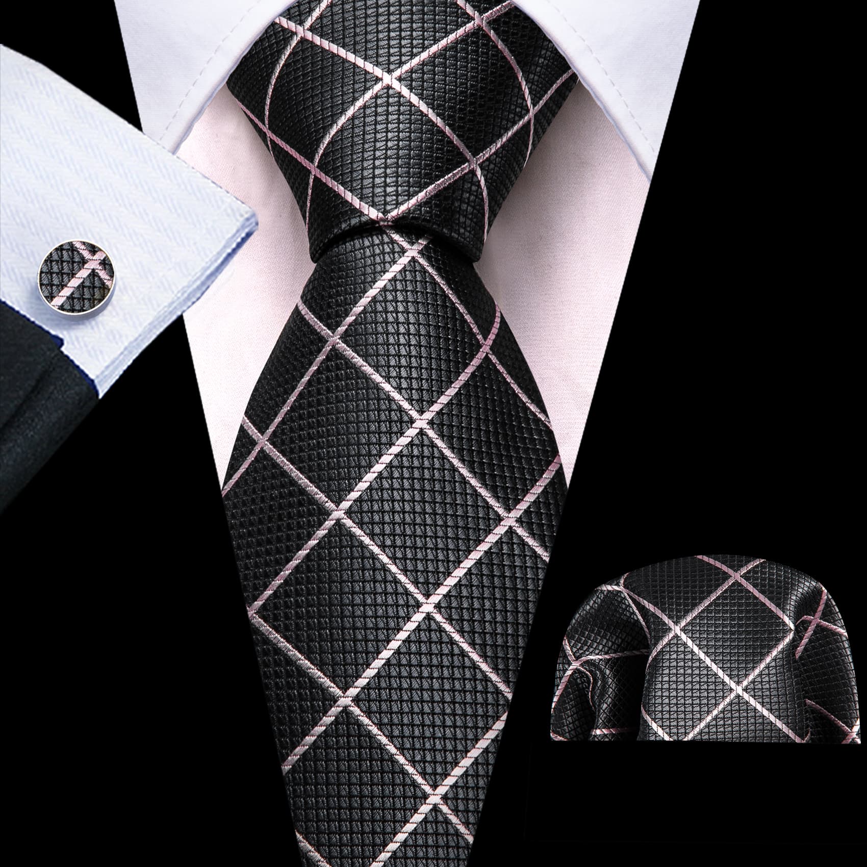  Tie Gray White Lines Checkered Necktie Hanky Cufflinks Set