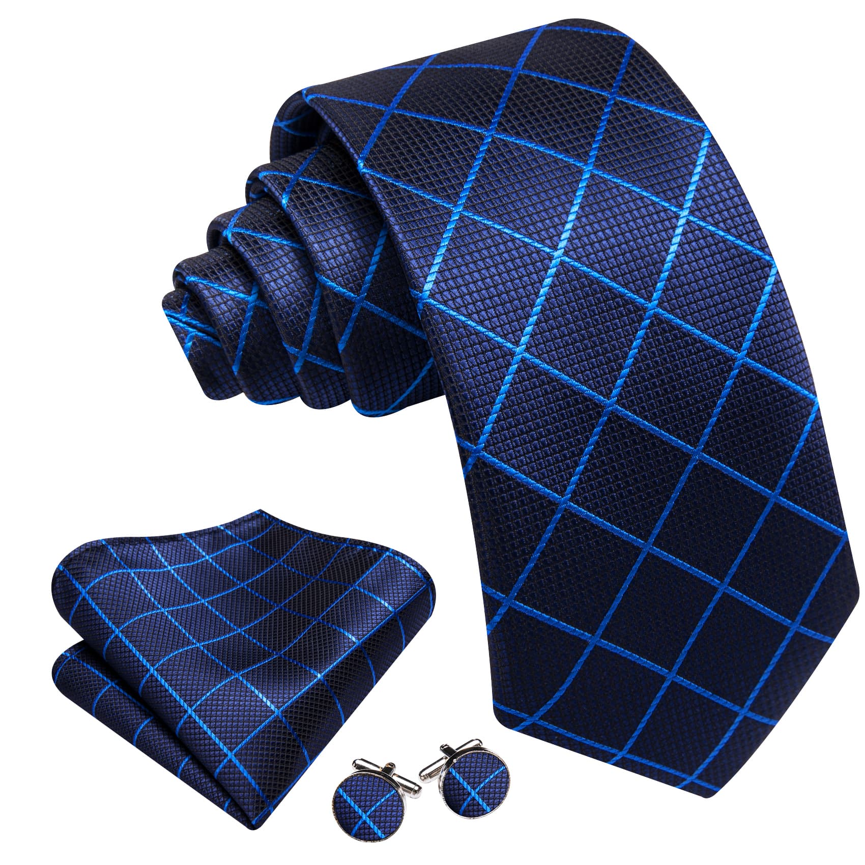 Dark Blue Tie Light Blue Lines Checkered Necktie Set for Men