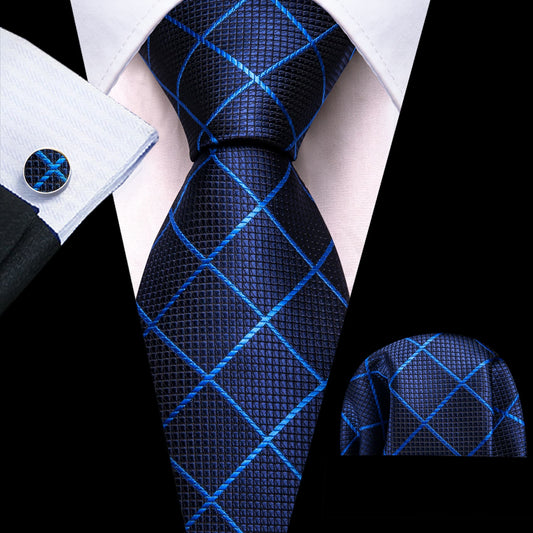 Dark Blue Tie Light Blue Lines Checkered Necktie Set for Men
