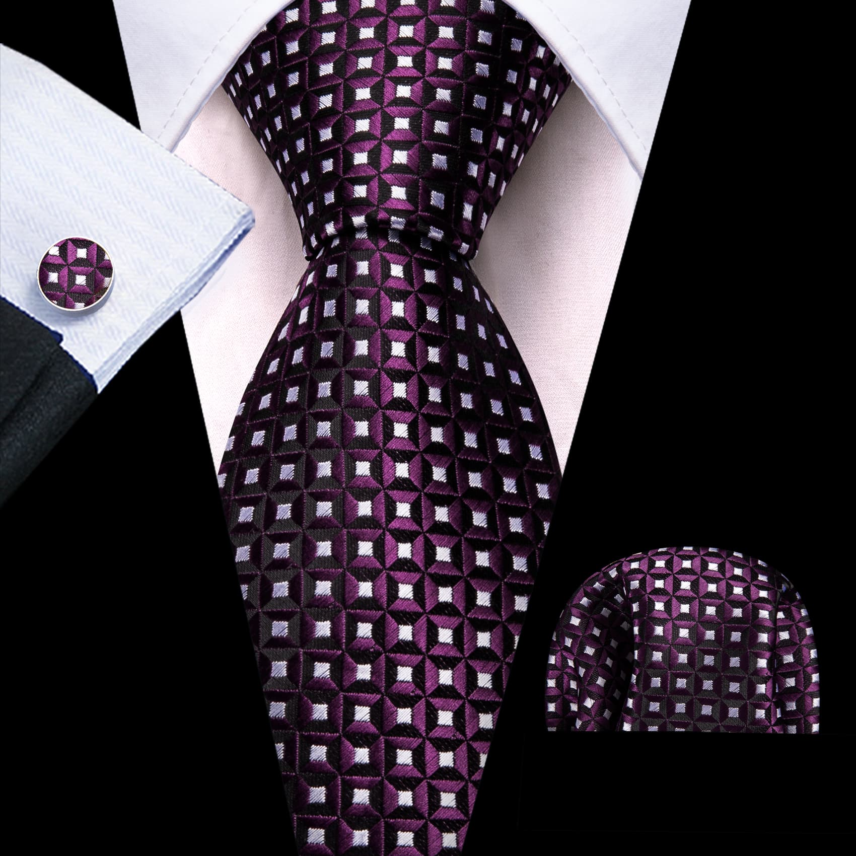 Purple Black White Geometric Necktie Set for Men