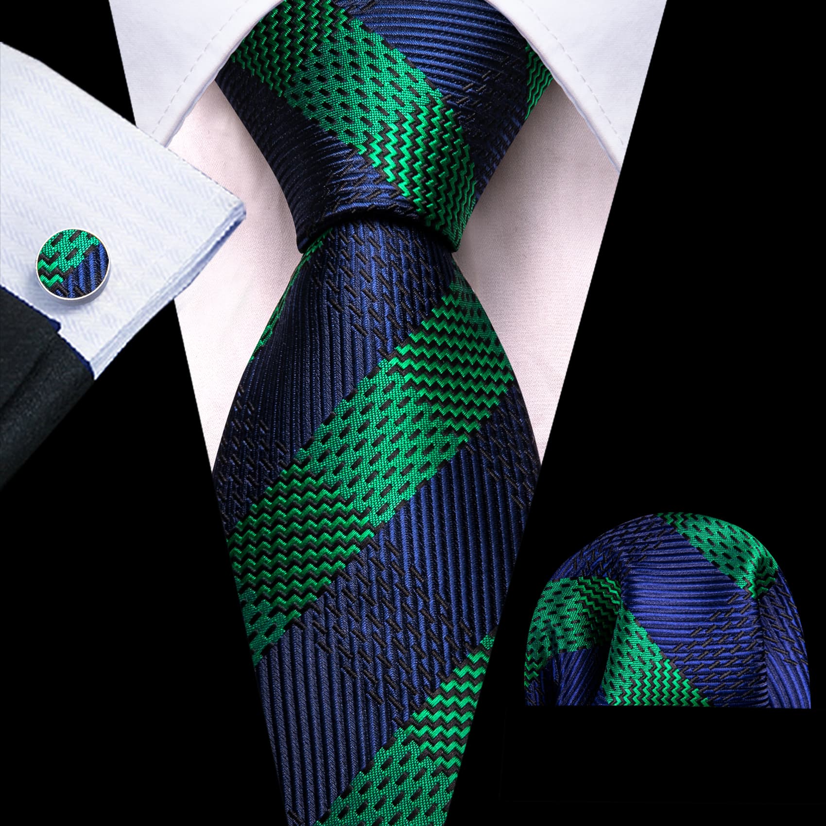  Mens Tie Striped Black Green Necktie Hanky Cufflinks Set