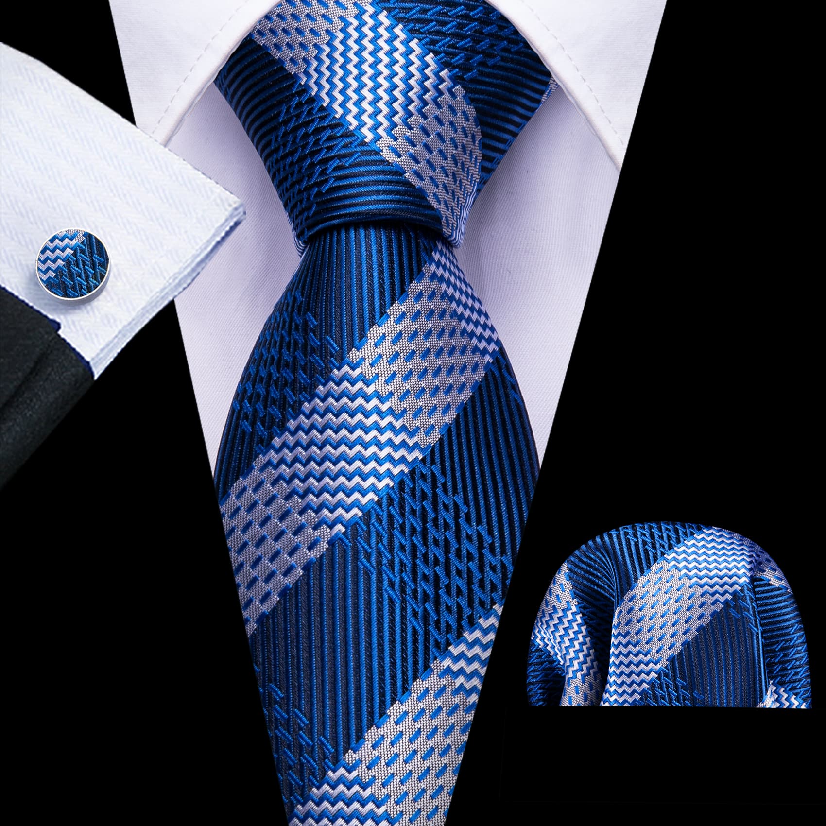 Mens Tie Striped Blue Grey Necktie Hanky Cufflinks Set