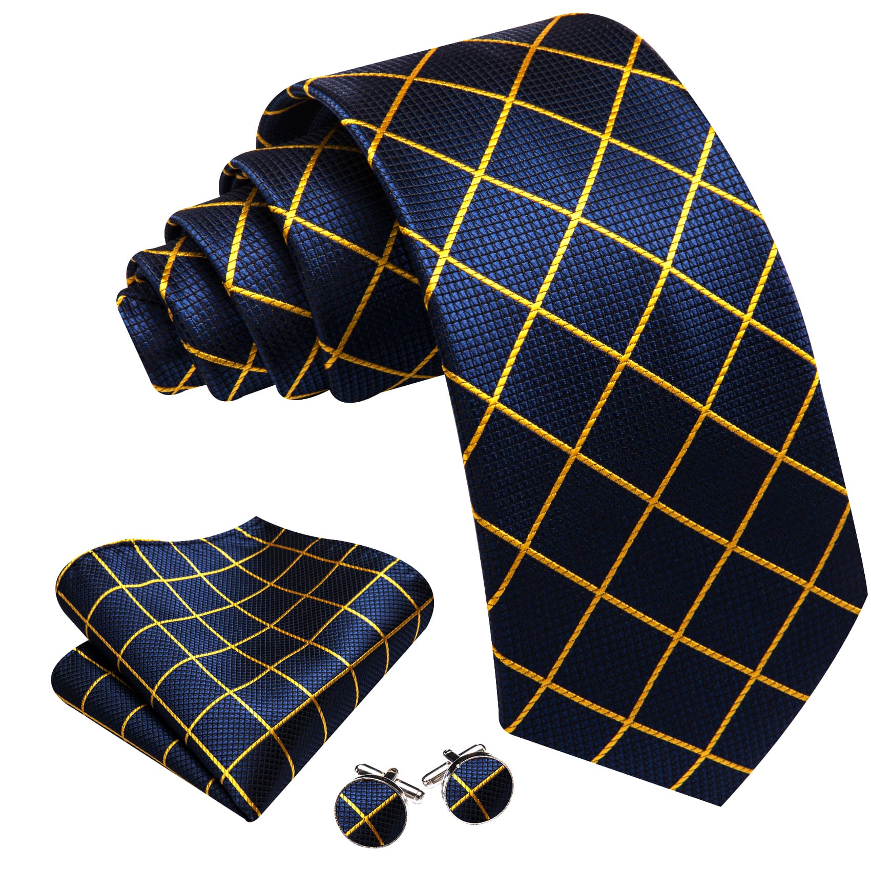  Tie Royal Blue Yelow Lines Necktie Hanky Cufflinks Set