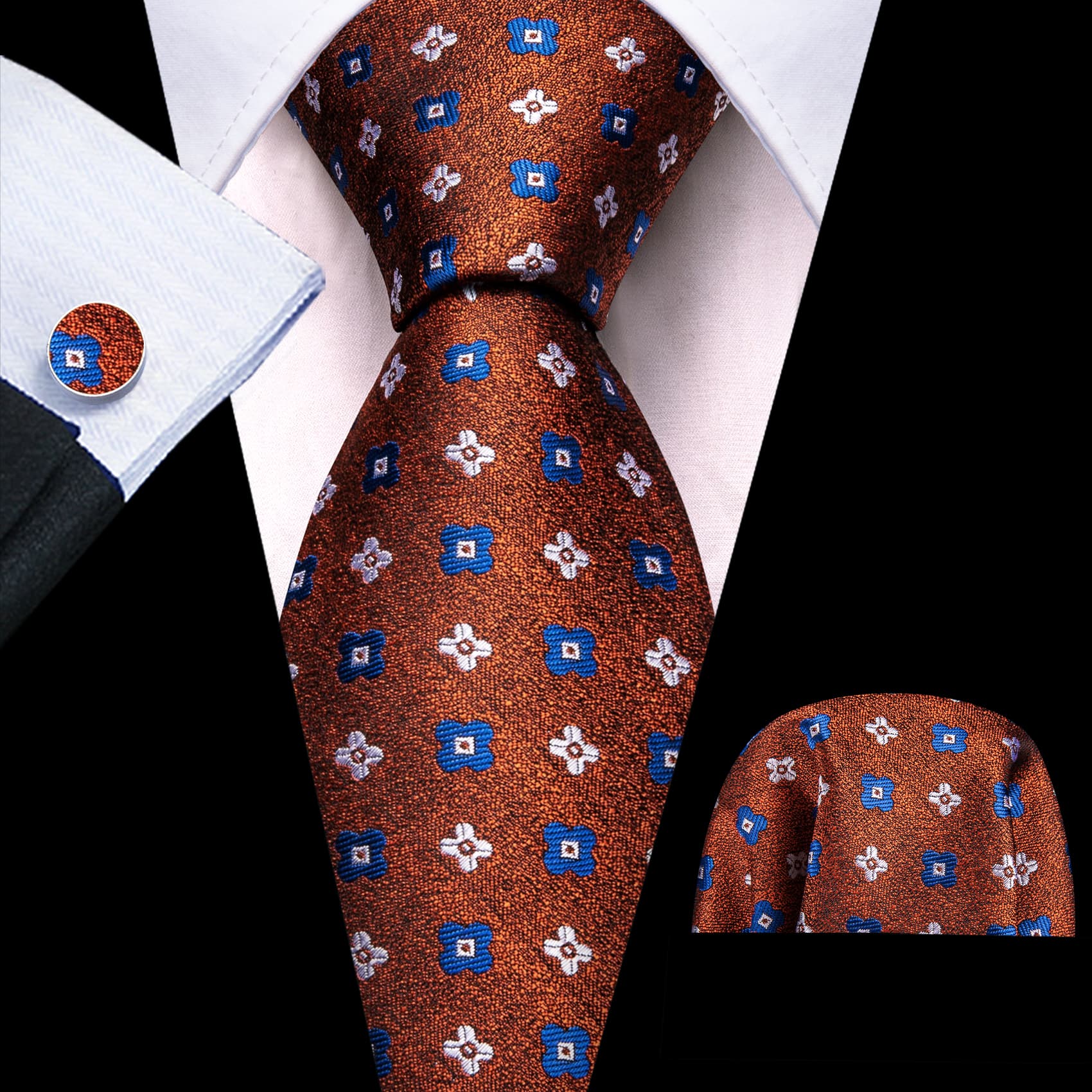 Barry Wang Tie Brown Jacquard White Blue Floral Necktie Hanky Cufflinks Set