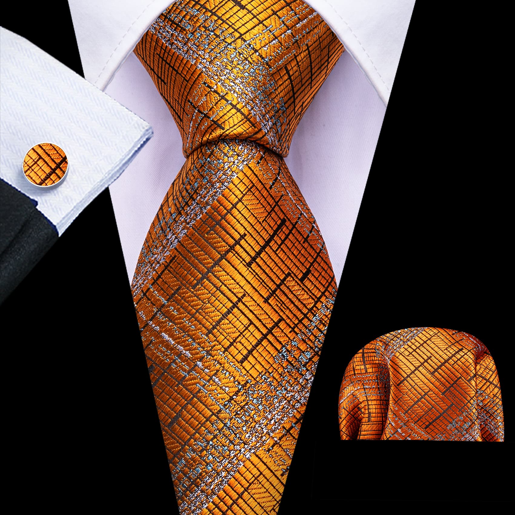 Tie Orange Black Silver Necktie Hanky Cufflinks Set