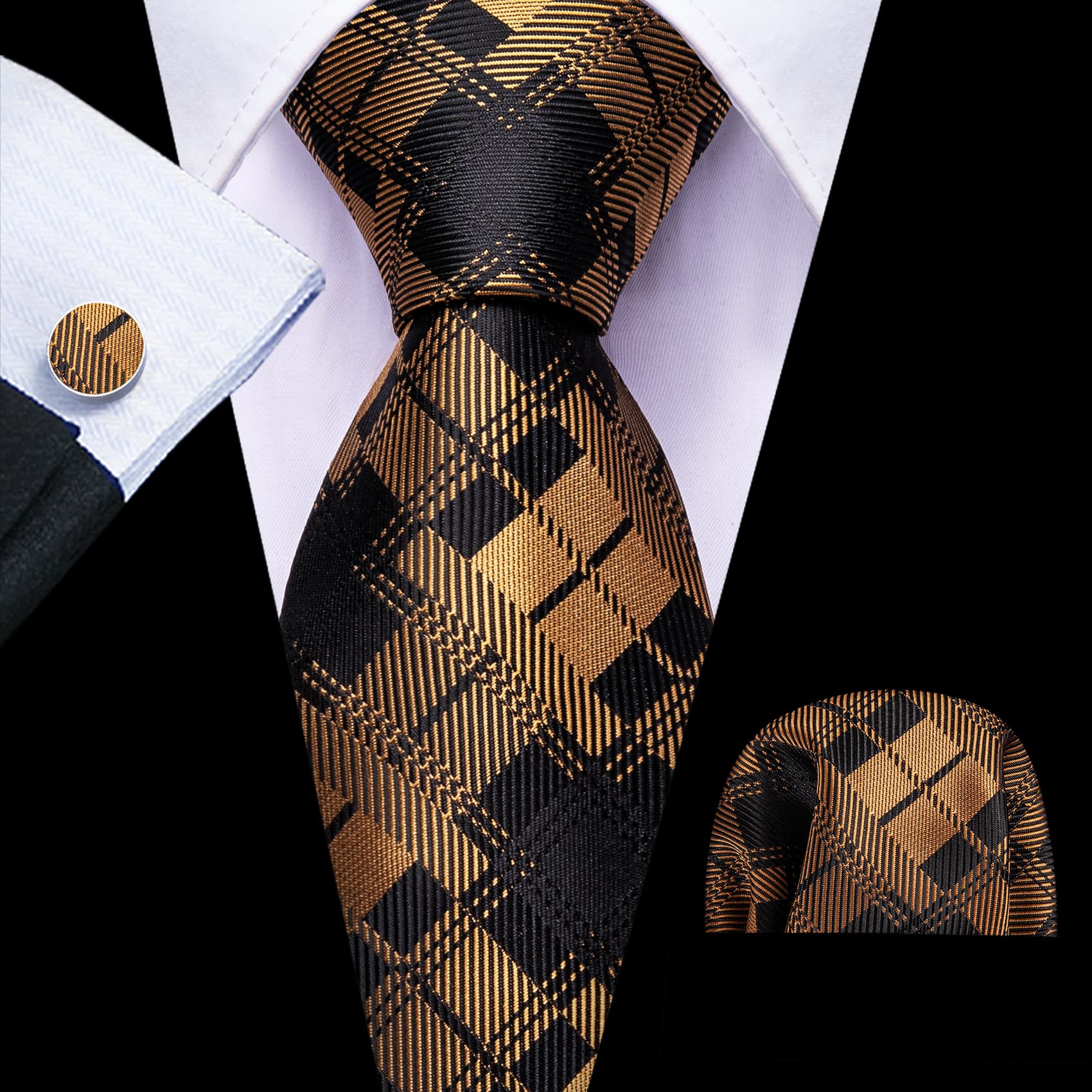  Tie Black Yellow Checkered Necktie Hanky Cufflinks Set