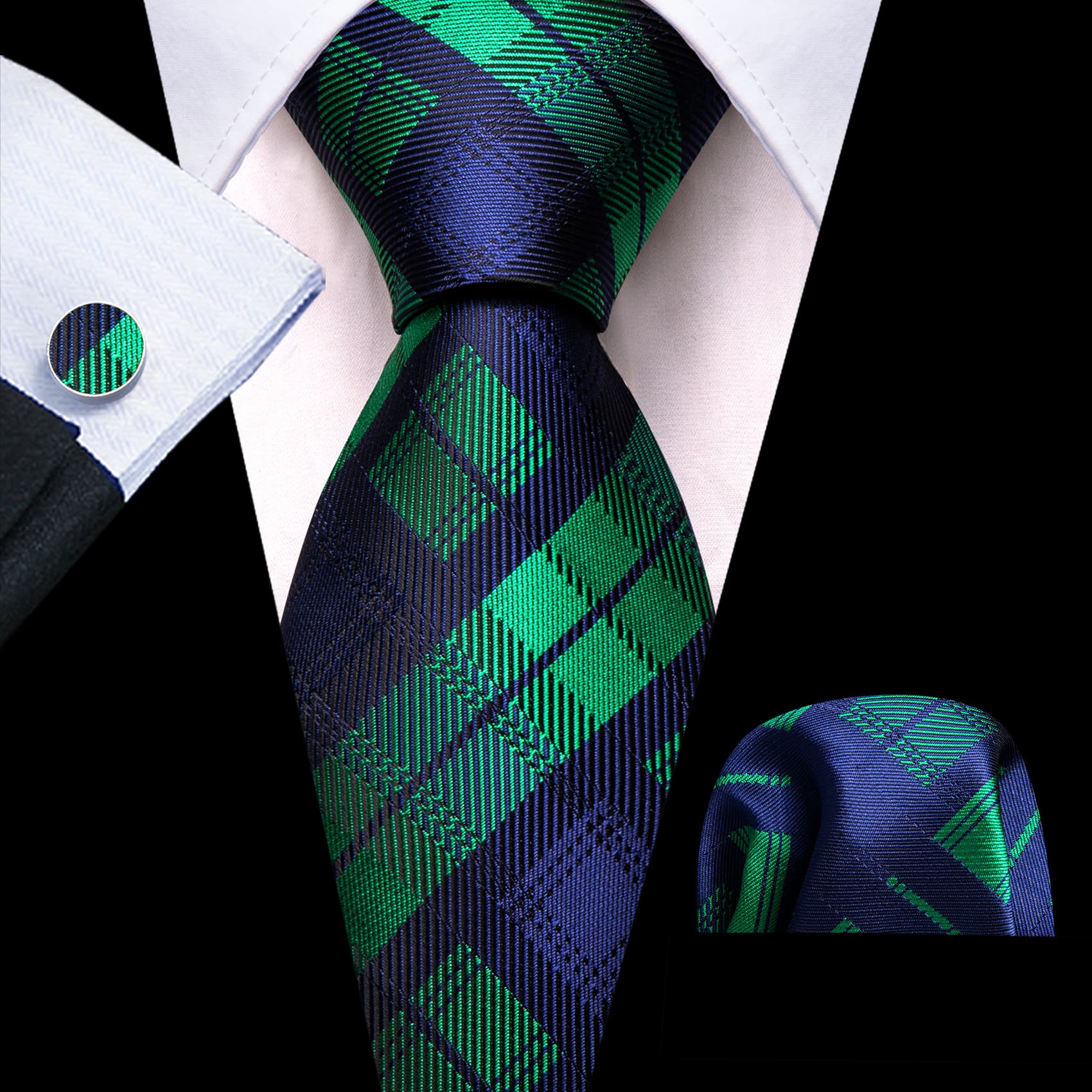 Tie Black Blue Green Checkered Necktie Hanky Cufflinks Set