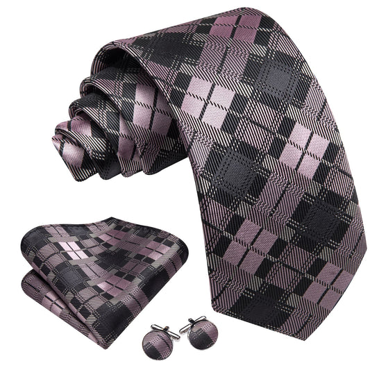 Tie Black Gray Pink Checkered Necktie Hanky Cufflinks Set