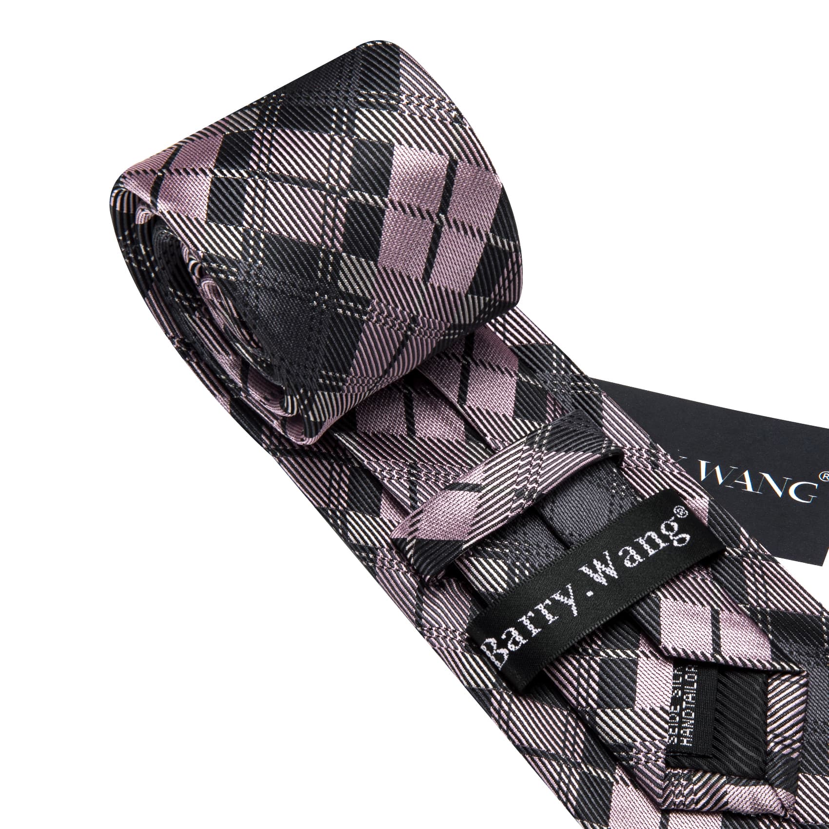 Tie Black Gray Pink Checkered Necktie Hanky Cufflinks Set