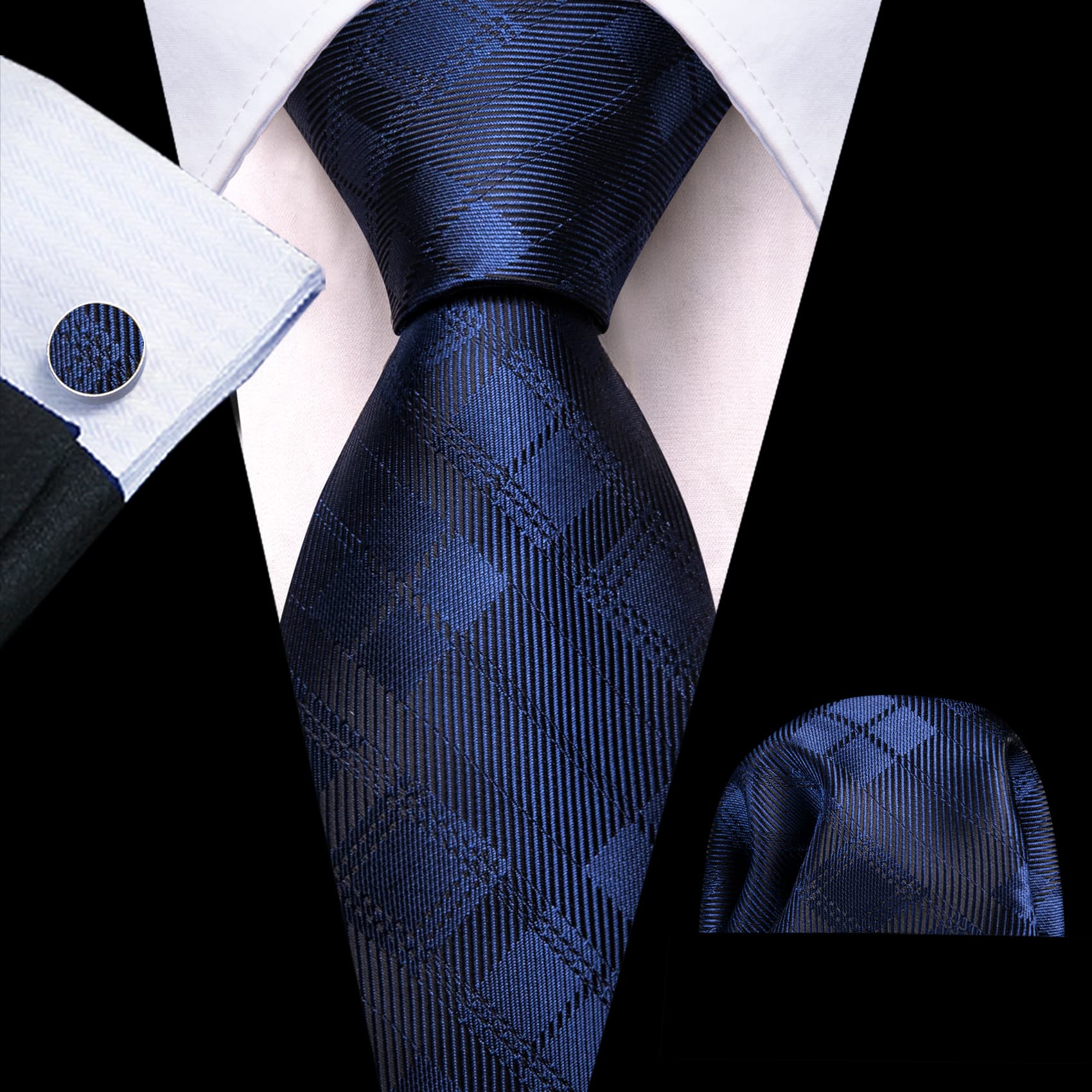 Tie Black Blue Checkered Necktie Hanky Cufflinks Set