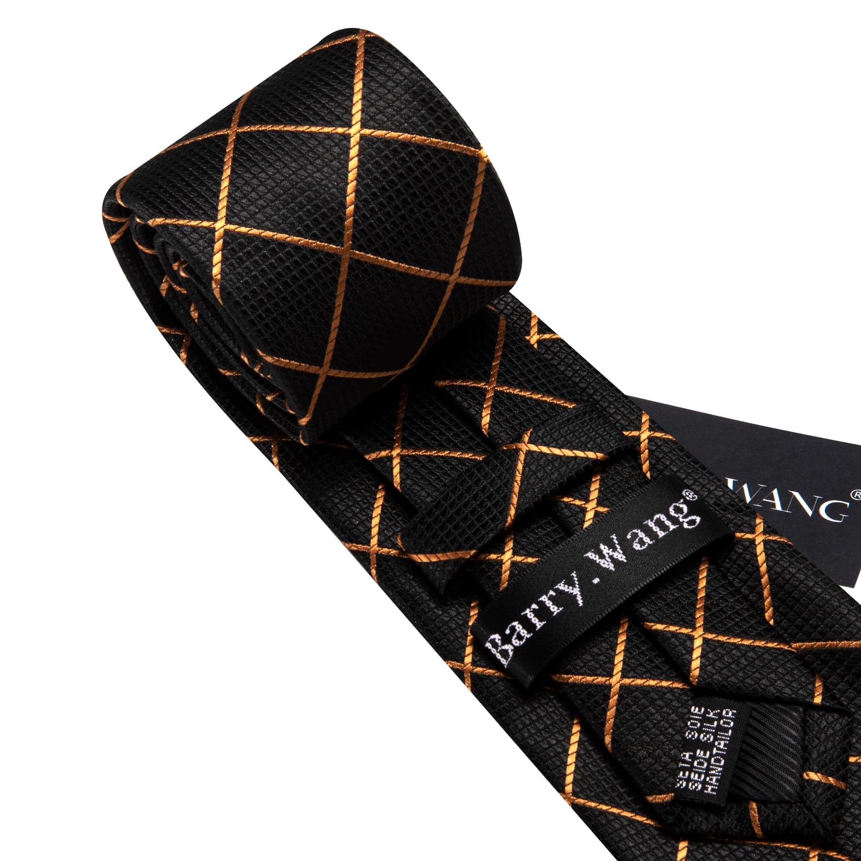 Black Tie Gold Lines Checkered Necktie Hanky Cufflinks Set