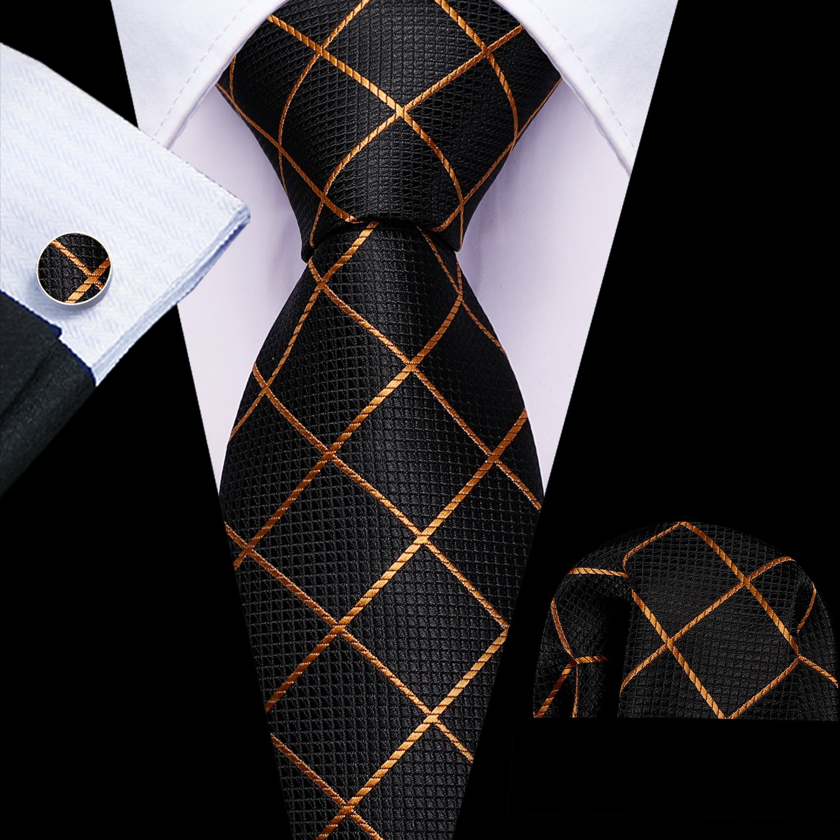 Black Tie Gold Lines Checkered Necktie Hanky Cufflinks Set