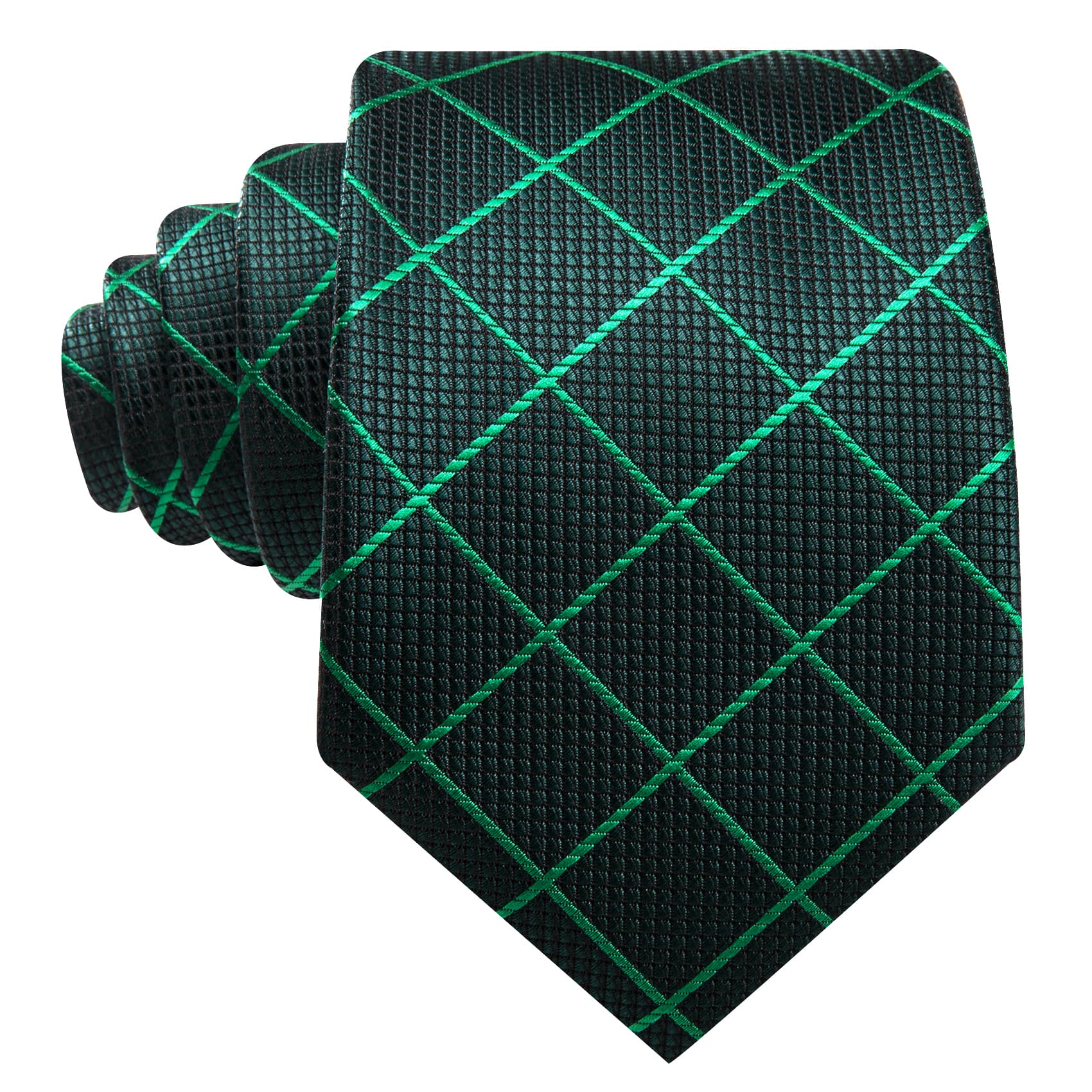 Tie Green  Lines Checkered Necktie Hanky Cufflinks Set