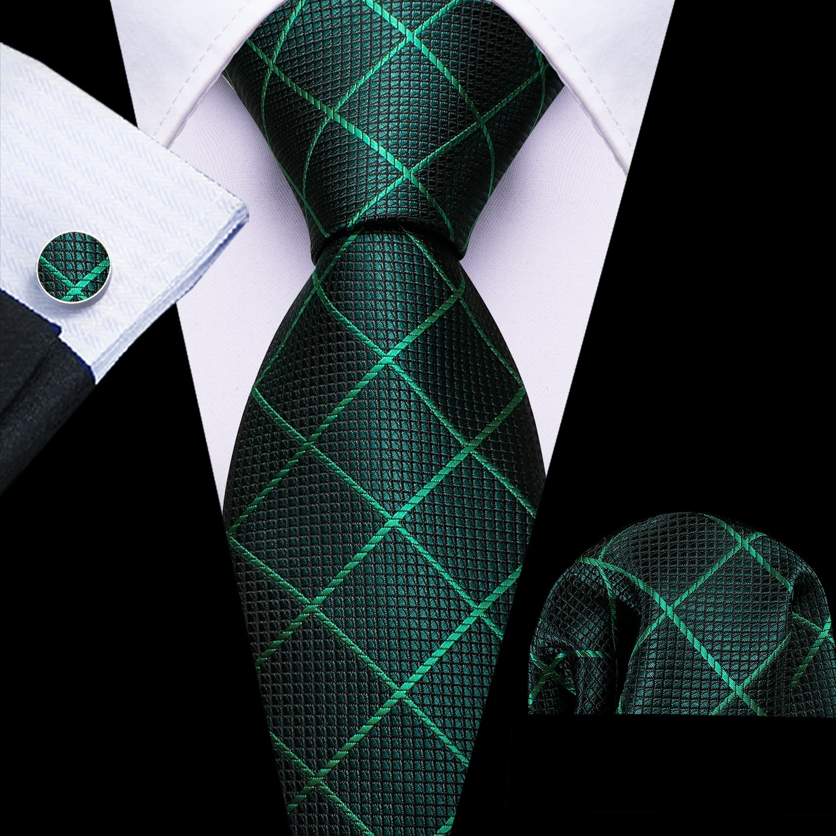 Tie Green  Lines Checkered Necktie Hanky Cufflinks Set