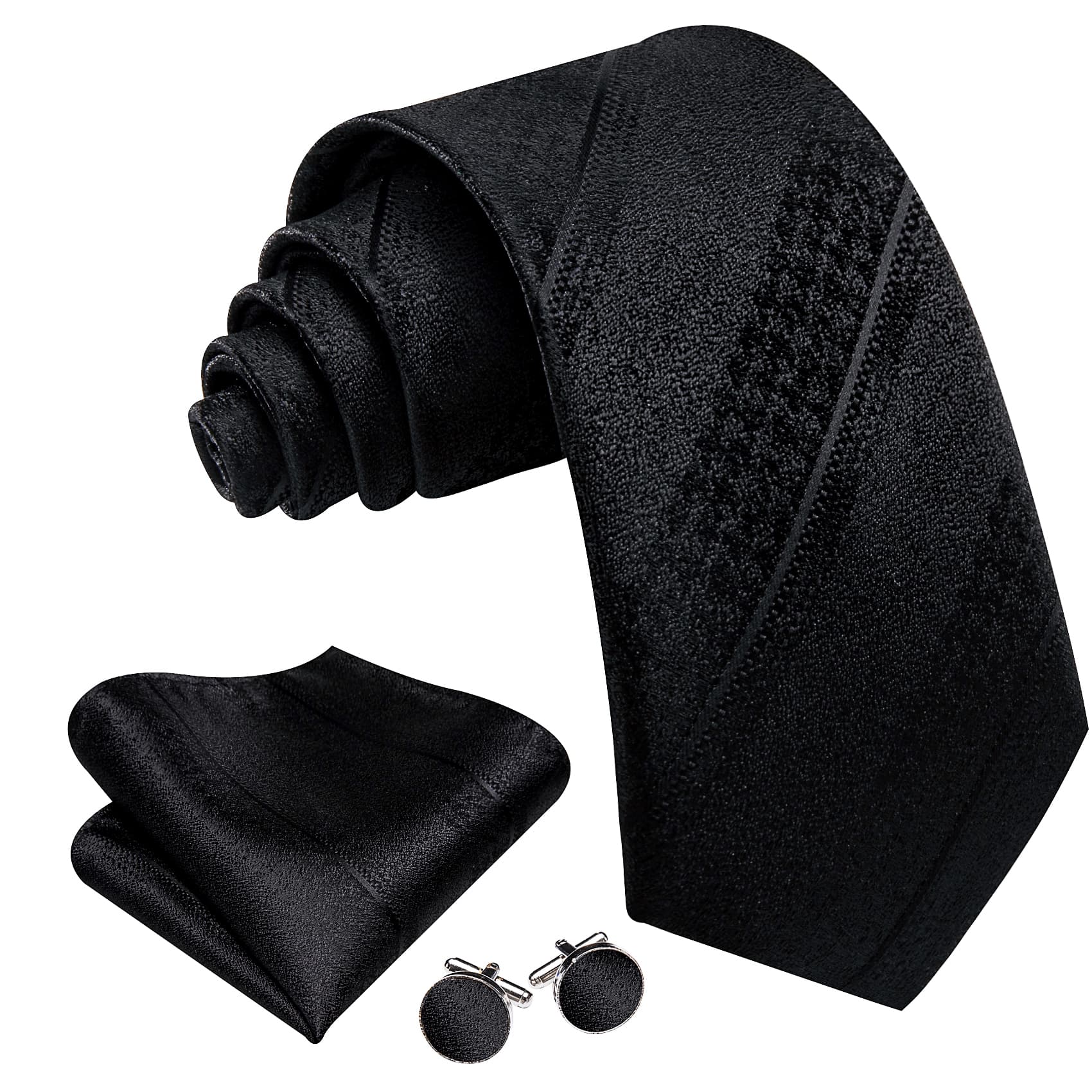 Tie Black Striped Jacquard Necktie Hanky Cufflinks Set