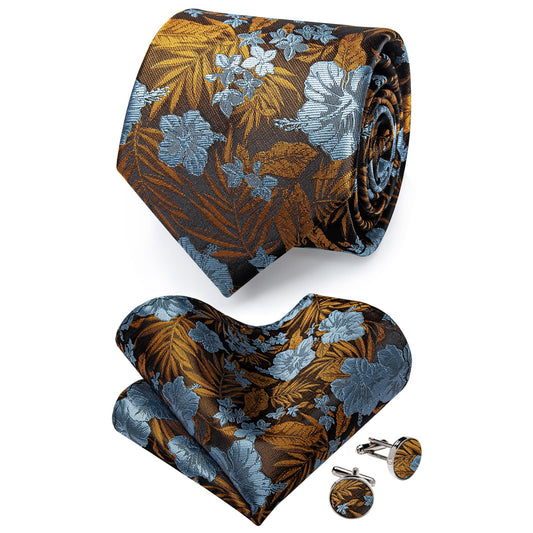 Barry. Wang Floral Necktie Blue Golden Silk Tie Pocket Square Cufflinks Set