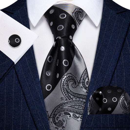 Barry. Wang Black Grey Striped Paisley Necktie Silk Tie Pocket Square Cufflinks Set