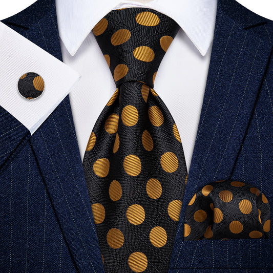 Barry. Wang Black Gold Polka Dot Necktie Silk Tie Pocket Square Cufflinks Set