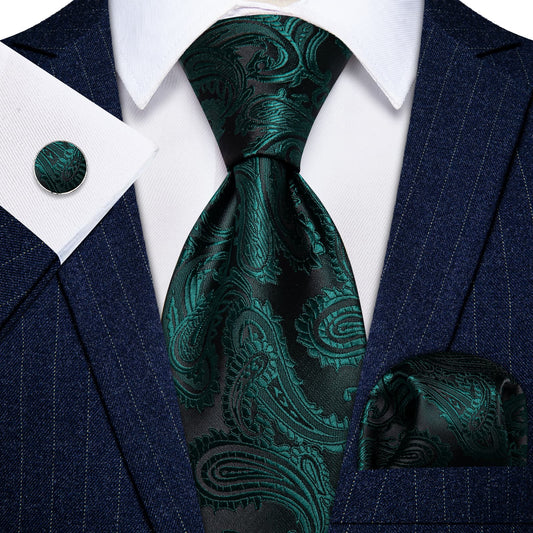 Barry. Wang Dark Green Paisley Mens Tie Pocket Square Cufflinks Set
