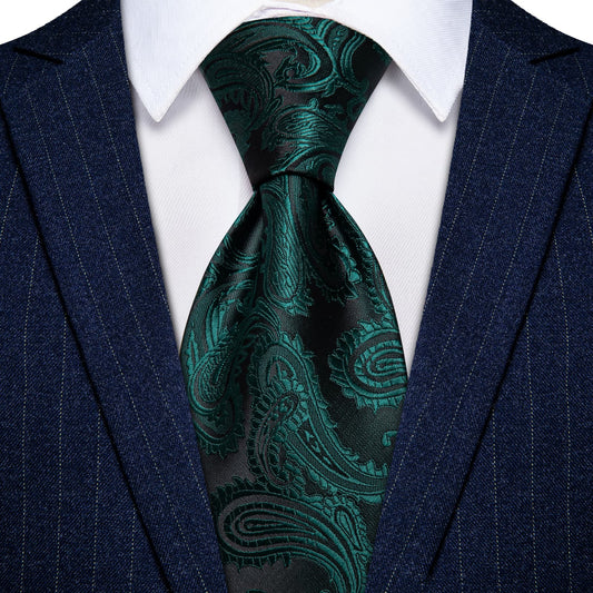 Barry. Wang Dark Green Paisley Mens Tie Pocket Square Cufflinks Set