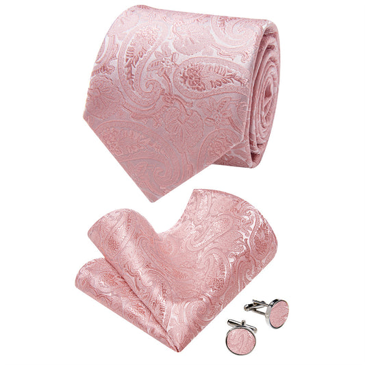 Barry. Wang Blush Pink Paisley Necktie Silk Tie Pocket Square Cufflinks Set