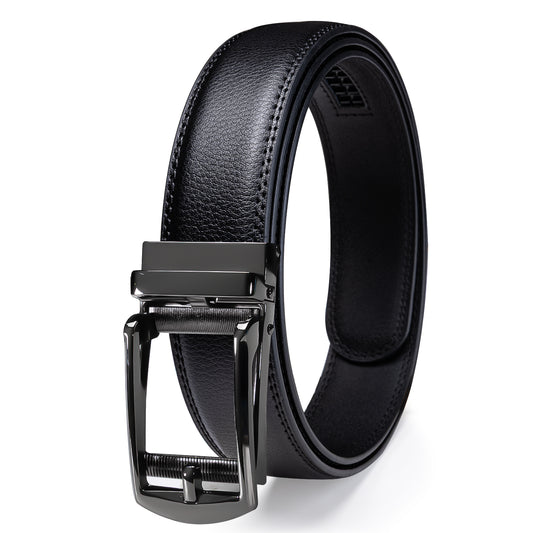 Barry. Wang Men's Black Leather Belt Ratchet Dress Belt Automatic Hollow Frame Buckle