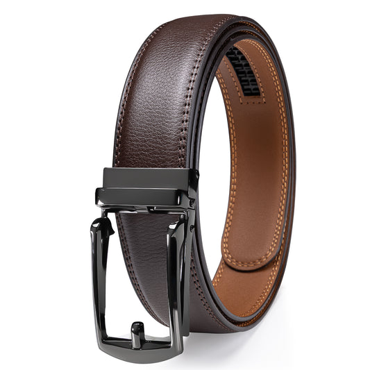 Barry. Wang Men's Brown Leather Belt Ratchet Dress Belt Automatic Hollow Frame Buckle