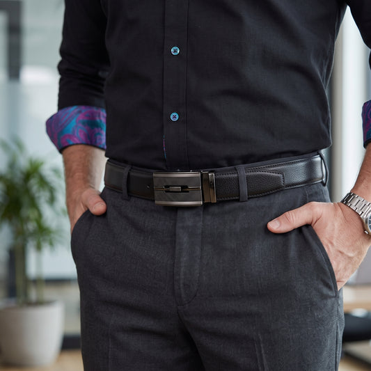 Barry. Wang Men's Black Leather Belt Ratchet Dress Belt Silver Striped Automatic Buckle