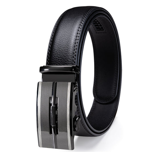 Barry. Wang Men's Black Leather Belt Ratchet Dress Belt Silver Striped Automatic Buckle