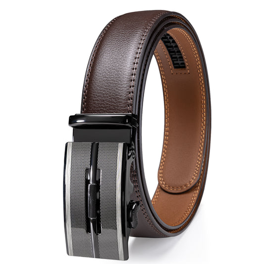 Barry. Wang Men's Brown Leather Belt Ratchet Dress Belt Silver Striped Automatic Buckle